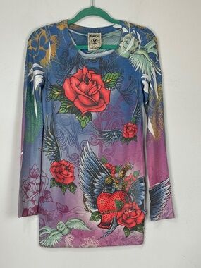 Vocal Womens Roses and Sequin Long Sleeve Knit Top L Bodycon Biker